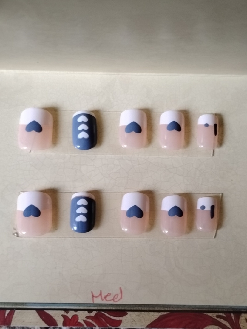 Nude Pink Press-On Nails with Navy Heart Accent